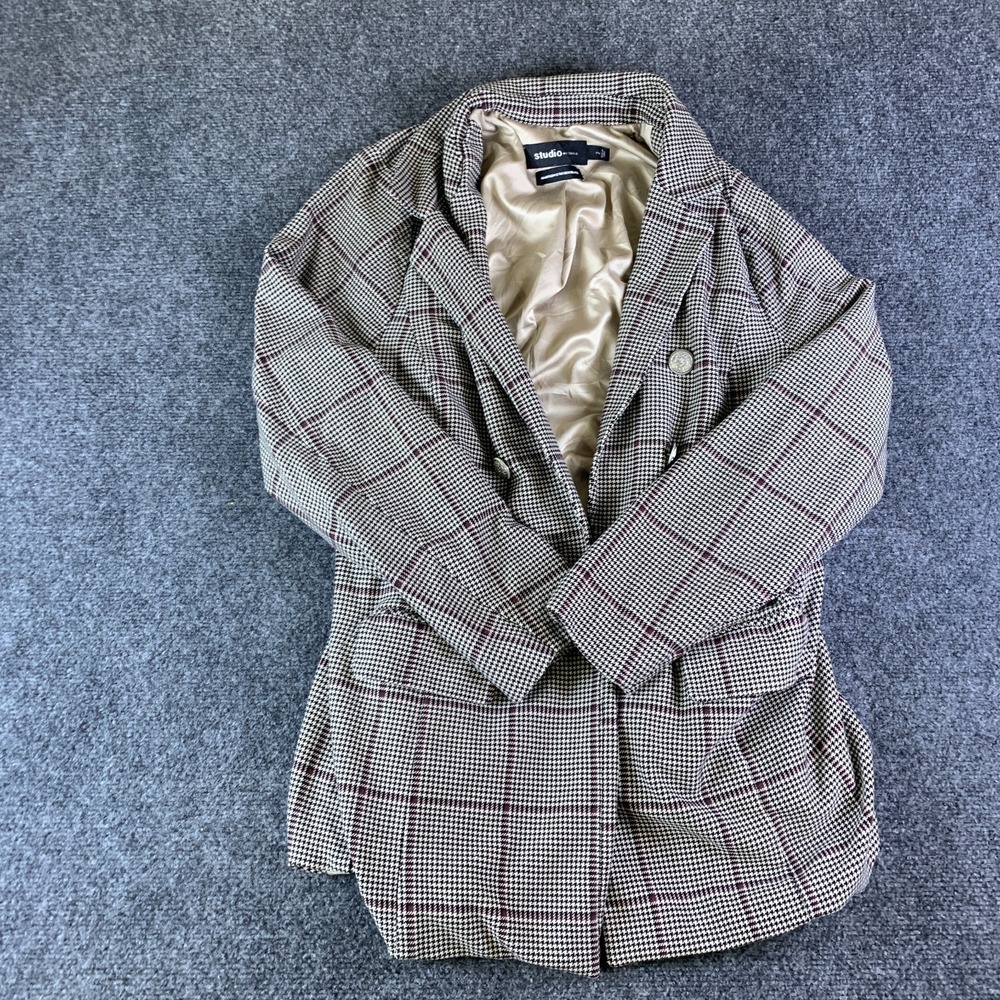Studio By Torrid Blazer Jacket Womens 2 Beige Plaid Double Breasted Notch Lapel